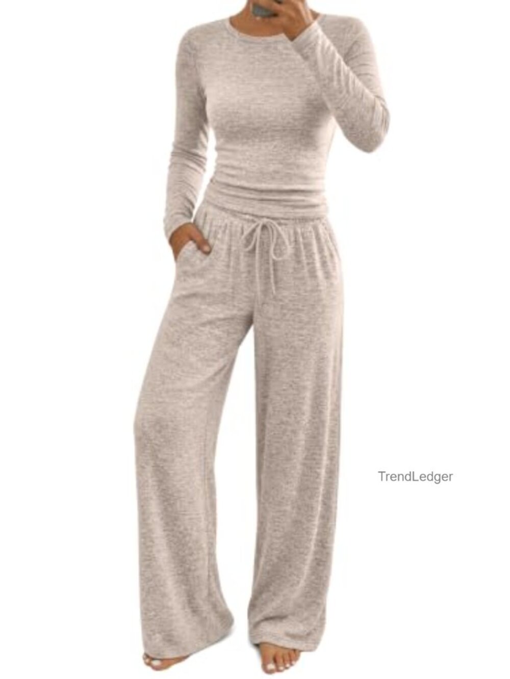 2 Piece Lounge Set Long Sleeve Crewneck Wide Leg Pants Rayon Blend